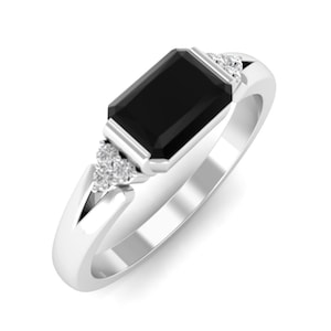 Black Spinel And White Zircon Ring, Sterling Silver Ring, Emerald Cut Stone Ring, Black and White Stone Ring, Surprise Gift, Gift for Love