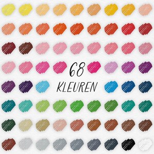 Op de afbeelding: Een kaart met 68 verschillende gekleurde cirkels, elk met een textuur, handgetekende look. De tekst "68 KLEUREN" staat in het midden van de kaart.