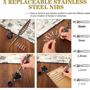 May include: Five replaceable stainless steel nibs for calligraphy pens, ranging in size from 1 mm to 3 mm. The nibs are shown next to a calligraphy pen and ink bottle.