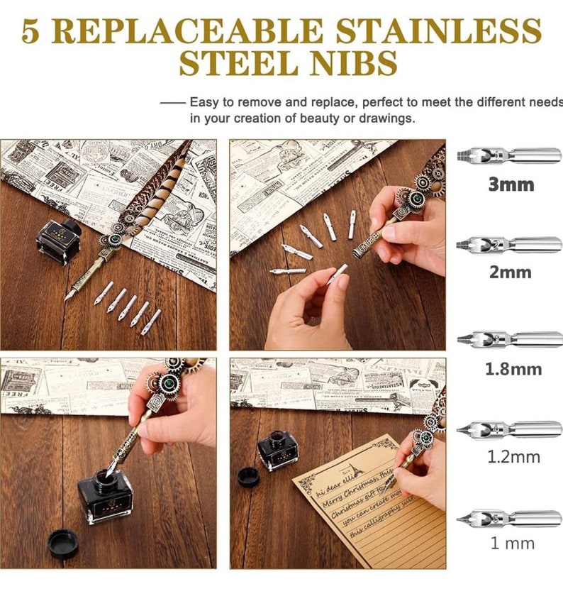 May include: Five replaceable stainless steel nibs for calligraphy pens, ranging in size from 1 mm to 3 mm. The nibs are shown next to a calligraphy pen and ink bottle.
