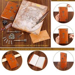 May include: A brown leather notebook with metal gears and a key design. The notebook has a rubber band closure and is open to reveal lined pages. The notebook is part of a steampunk-style set that includes a feather pen and ink.