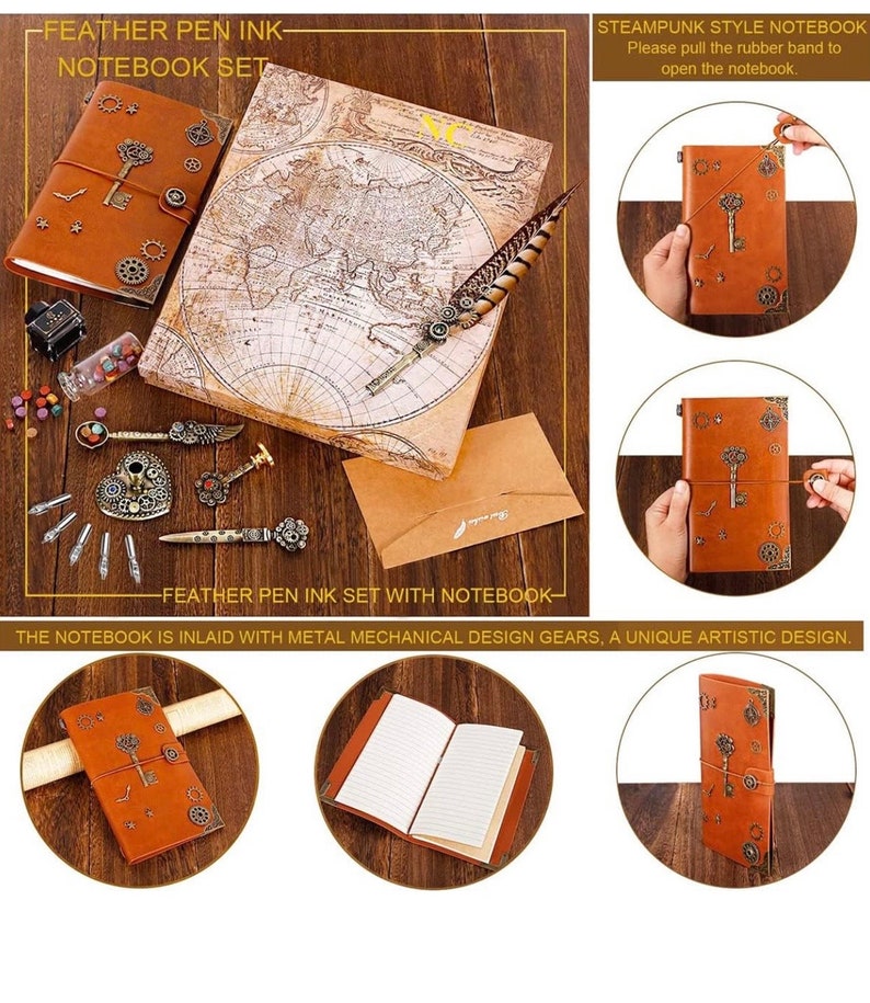 May include: A brown leather notebook with metal gears and a key design. The notebook has a rubber band closure and is open to reveal lined pages. The notebook is part of a steampunk-style set that includes a feather pen and ink.