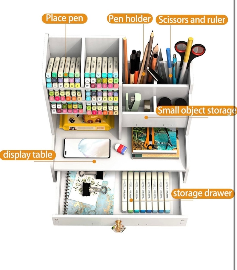 May include: White desktop organizer with a drawer, pen holder, and compartments for storing pens, markers, and other small items. The organizer has a small display table on top and a drawer for storing larger items.