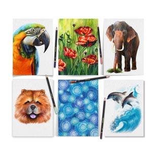 Op de afbeelding: Zes verschillende kleurpotloodtekeningen op wit papier. De tekeningen omvatten een ​​papegaai, een bloem, een olifant, een hond, een patroon van cirkels en dolfijnen in de oceaan.