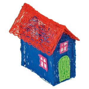 Pu&ograve; includere: Un modello di casa stampato in 3D con una vivace combinazione di colori. La casa presenta un corpo blu, un tetto rosso, cornici delle finestre rosa e una porta verde. Il design &egrave; realizzato con una penna 3D, mostrando un'estetica strutturata e artigianale.