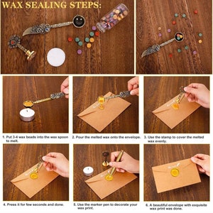 May include: A six-step guide to wax sealing envelopes. The steps are illustrated with photos of a person using a wax spoon, a candle, a stamp, and an envelope. The text reads: "WAX SEALING STEPS: 1. Put 3-4 wax beads into the wax spoon to melt. 2. Pour the melted wax onto the envelope. 3. Use the stamp to cover the melted wax evenly. 4. Press it for few seconds and done. 5. Use the marker pen to decorate your wax print. 6. A beautiful envelope with exquisite wax print was done."