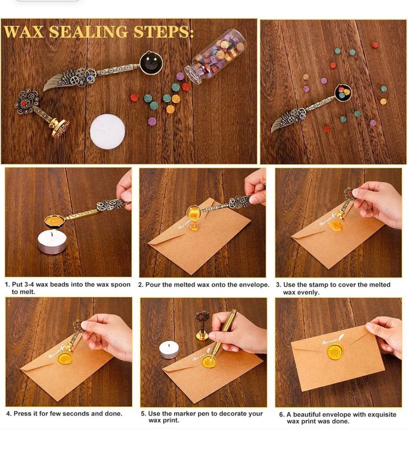 May include: A six-step guide to wax sealing envelopes. The steps are illustrated with photos of a person using a wax spoon, a candle, a stamp, and an envelope. The text reads: "WAX SEALING STEPS: 1. Put 3-4 wax beads into the wax spoon to melt. 2. Pour the melted wax onto the envelope. 3. Use the stamp to cover the melted wax evenly. 4. Press it for few seconds and done. 5. Use the marker pen to decorate your wax print. 6. A beautiful envelope with exquisite wax print was done."