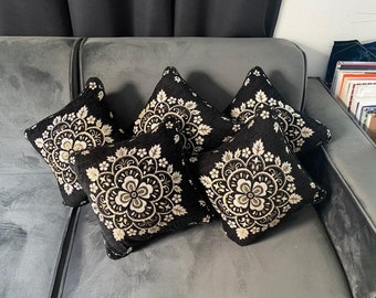 Black and Gold Fancy Cushion Cover Set | Black Sofa Pillow Covers | Trendy House Warming Gift | Yoga Room Decor Ideas | Mughal Cushion Cover