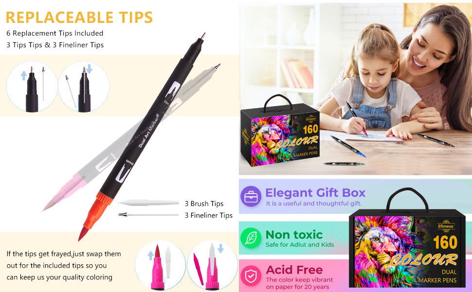 160 Colour Felt Tip Pens, Efimeso Dual Tip Brush Marker,Colouring
