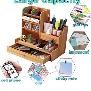 May include: A wooden desk organizer with a drawer, multiple compartments, and a label that says "Large Capacity". The organizer is filled with various office supplies, including pens, pencils, sticky notes, clips, and business cards.