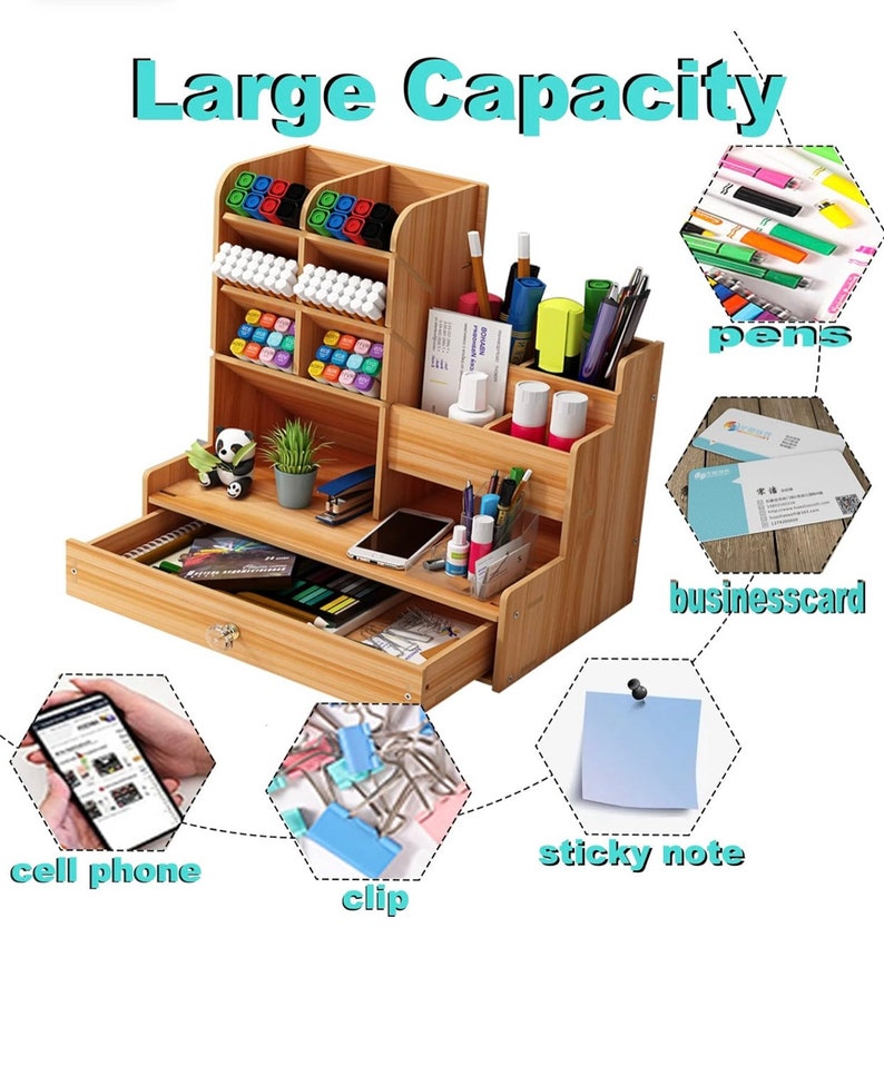 May include: A wooden desk organizer with a drawer, multiple compartments, and a label that says "Large Capacity". The organizer is filled with various office supplies, including pens, pencils, sticky notes, clips, and business cards.