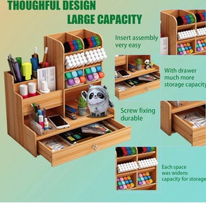 May include: A wooden desk organizer with multiple compartments and a drawer. The organizer is made of light brown wood and has a panda figurine on top. The text "Thoughtful Design Large Capacity" is visible at the top of the image. The text "Insert assembly very easy" is visible on the right side of the image. The text "Screw fixing durable" is visible on the right side of the image. The text "With drawer much more storage capacity" is visible on the right side of the image. The text "Each space was widens capacity for storage" is visible on the right side of the image.