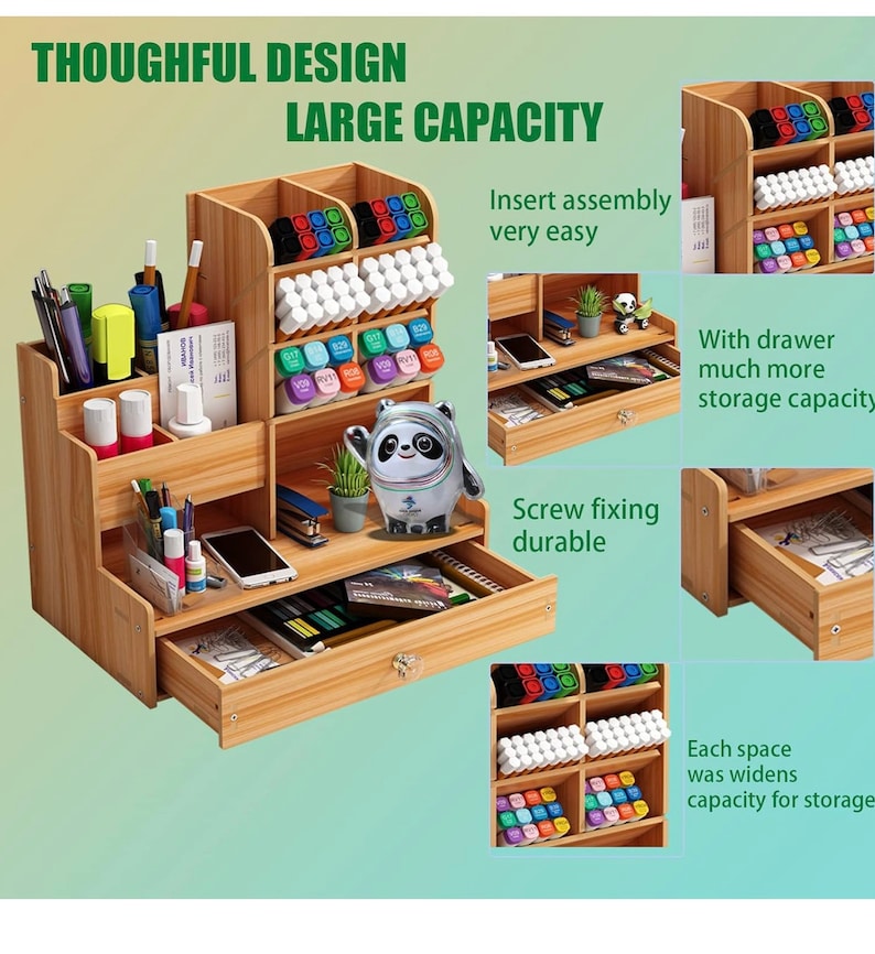 May include: A wooden desk organizer with multiple compartments and a drawer. The organizer is made of light brown wood and has a panda figurine on top. The text "Thoughtful Design Large Capacity" is visible at the top of the image. The text "Insert assembly very easy" is visible on the right side of the image. The text "Screw fixing durable" is visible on the right side of the image. The text "With drawer much more storage capacity" is visible on the right side of the image. The text "Each space was widens capacity for storage" is visible on the right side of the image.