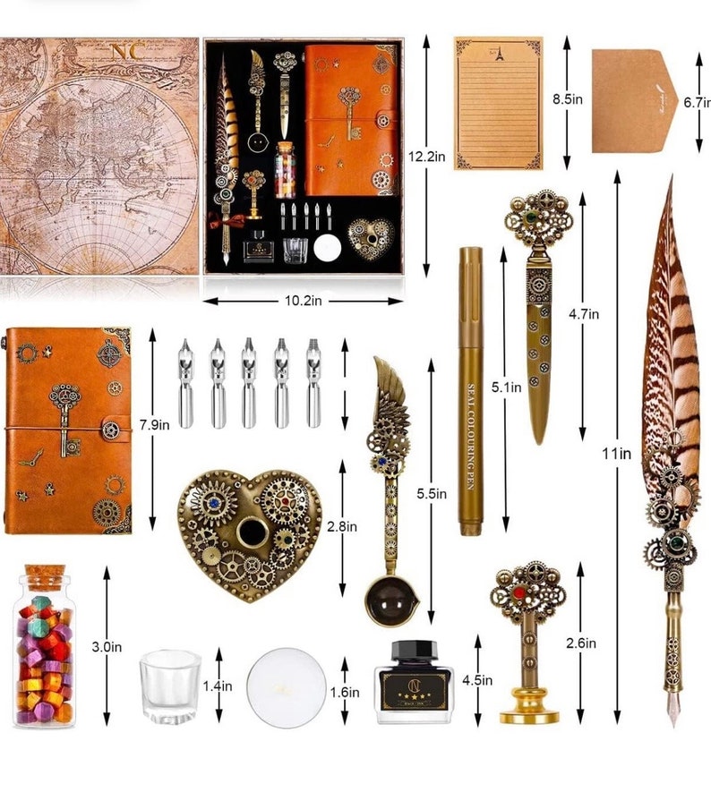 May include: A steampunk-themed calligraphy set with a brown leather journal, a feather quill pen, inkwell, and various nibs. The set also includes a wax seal stamp, a candle, and a small bottle of wax beads. The set is arranged on a white background with measurements in inches.