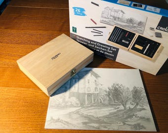 Customizable Charcoal Pencil Drawing Kit, Wooden Box Pencil Set, US Edition Sketching Gift Set, Art Supplies for Artists Beginner Adults