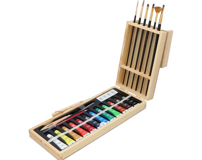 23-teiliges professionelles Acrylfarbenset in einem Holzkoffer, Kunst-Geschenkset, Maler-Starterset, Staffelei, Pinsel und Farben mit Aufbewahrung
