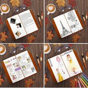 May include: Four brown leather bound journals with gold accents. Each journal has a different design on the front cover. The designs include a handwritten note, a drawing of the Eiffel Tower, a page of fashion sketches, and a page of to-do lists.