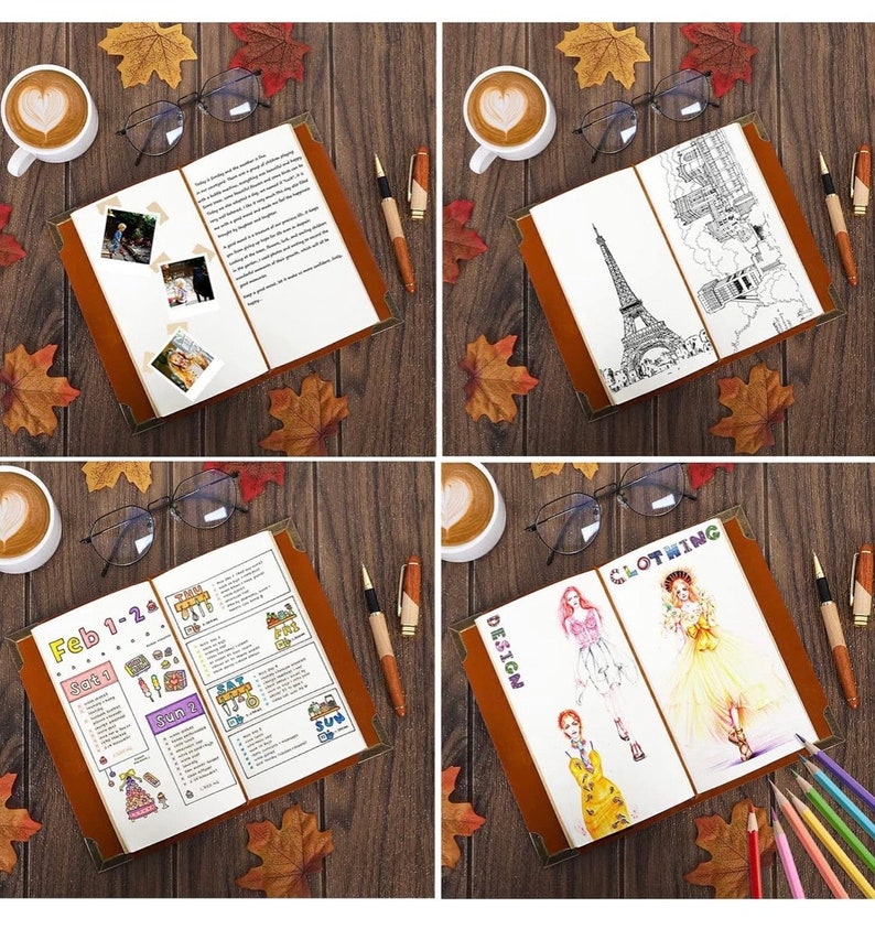 May include: Four brown leather bound journals with gold accents. Each journal has a different design on the front cover. The designs include a handwritten note, a drawing of the Eiffel Tower, a page of fashion sketches, and a page of to-do lists.