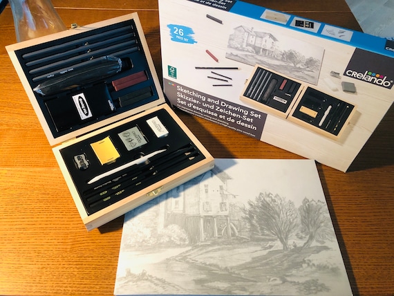 Coffret cadeau de dessin au fusain 26 pièces Boîte en bois