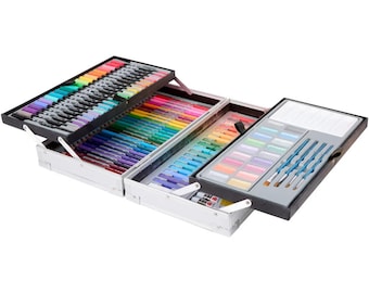 May include: An open, multi-tiered art set with a variety of art supplies. The set includes a wide array of colored markers, gel pens, watercolor paints, and paint brushes. The set is housed in a white case with black accents.
