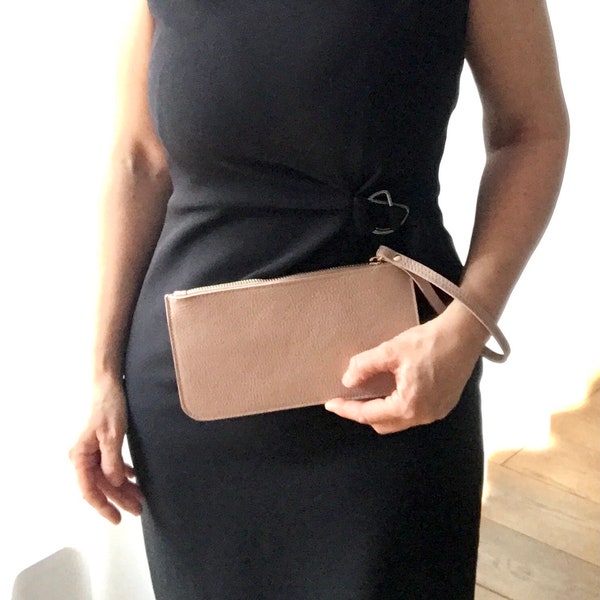 Klein clutch leer, pochette leer, kleine handtas, portemonnee leer, gsm-tasje, portemonnee met draagriem