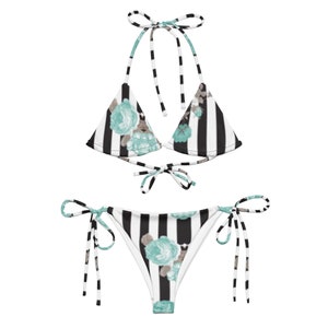 Black & White Strip Baby Blue Roses Eco-Friendly recycled string bikini
