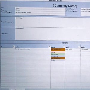 May include: A spreadsheet with a blue header that says "Meeting Notes (Company Name)". The spreadsheet is divided into sections for date, time, project manager, discussion summary, conclusions, and actions. The actions section has columns for ID, action, status, who, when, and comment. The status column has options for "Not Completed", "Query", "Completed", "In Progress", "Not Completed", and "To Do".