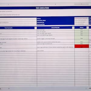 May include: A screenshot of a spreadsheet titled "TEST EXECUTION". The spreadsheet contains columns for Test ID, Test Scenario, Actual Results, Status, Issue, and Comment. The status column shows a mix of green and red highlighting.