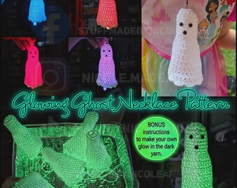 Pode incluir: Uma variedade de colares de fantasmas brilhantes em azul, rosa, roxo e branco. A imagem também mostra uma bandeja de fantasmas verdes brilhantes e um close-up de um único fantasma verde. O texto na imagem diz "Glowing Ghost Necklace Pattern."