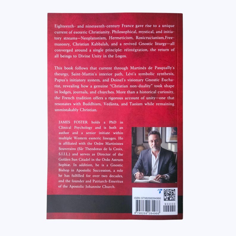 May include: A book cover with a maroon background and white text detailing esoteric Christianity and related topics. The author, James Foster, is pictured in a small inset. ISBN and barcode are visible.