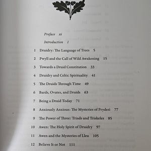 Op de afbeelding: Een pagina uit een boek met de titel "CONTENTS" en een decoratieve eikenblad- en eikelafbeelding. De inhoudsopgave bevat hoofdstuktitels zoals "Druidry: The Language of Trees" en "The Druids Through Time".