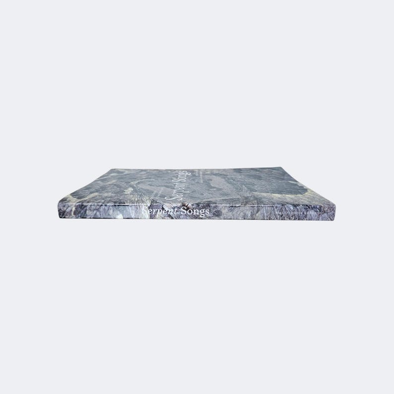 May include: A rectangular book titled Serpent Songs with a marbled gray and white cover pattern. The title is printed in white text on the front cover and the spine. The book is positioned horizontally, showing the front cover and the spine.