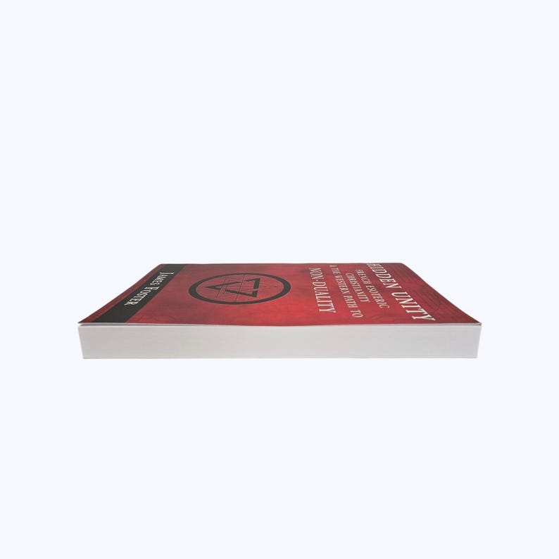 May include: A hardcover book titled "Hidden Unity" with a red cover and white pages. The cover features the title in white, a geometric symbol, and the author's name. The book is seen from a side angle.