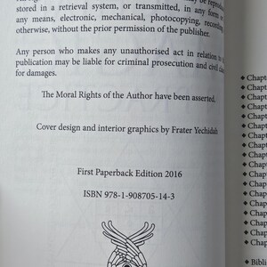 May include: Open book page with text. Copyright information for Frater Yechidah, 2016. Includes statements about rights reserved, unauthorized acts, and the assertion of moral rights. Features a decorative eye symbol.