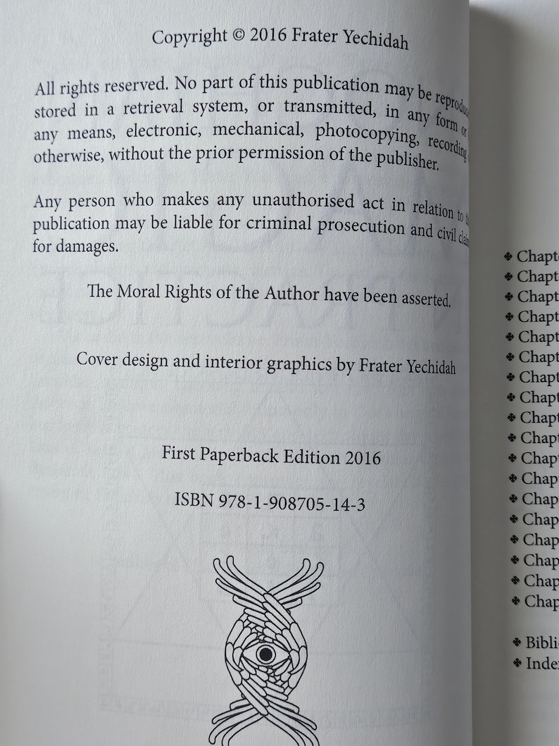 May include: Open book page with text. Copyright information for Frater Yechidah, 2016. Includes statements about rights reserved, unauthorized acts, and the assertion of moral rights. Features a decorative eye symbol.
