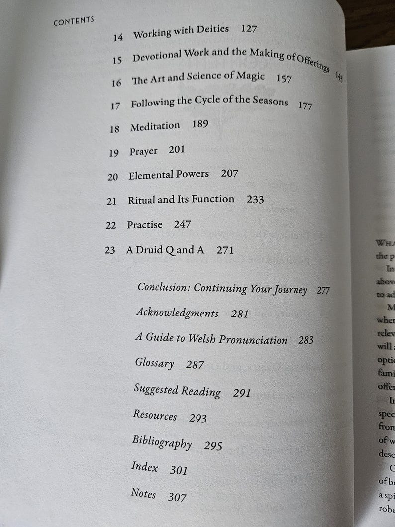 Op de afbeelding: Een open boekpagina met een inhoudsopgave. De titels omvatten onderwerpen als "Working with Deities", "Meditation" en "Ritual and Its Function". De paginanummers staan rechts van elke titel.
