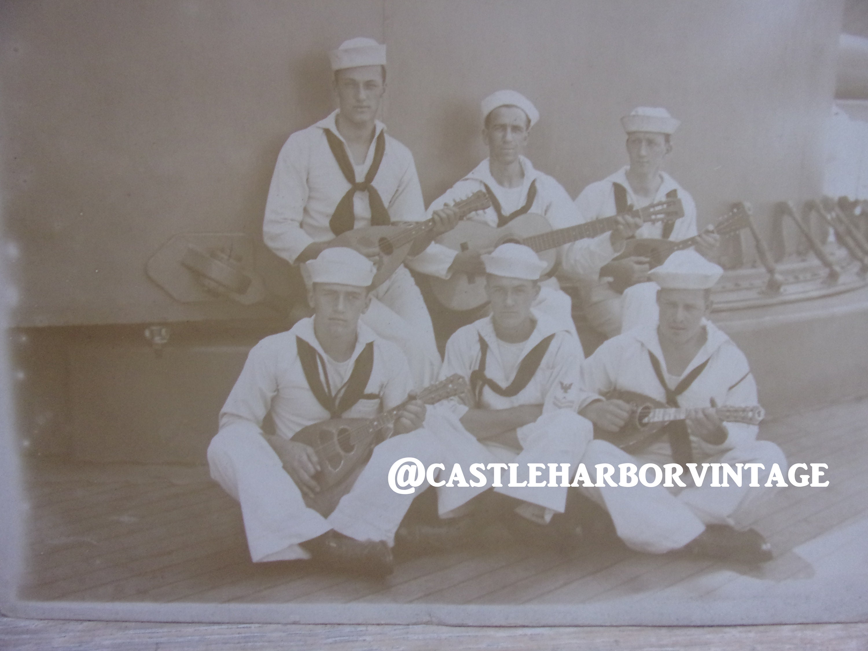 USS Maine Enlisted Sailors Playing Guitar Banjo on Deck Original ...