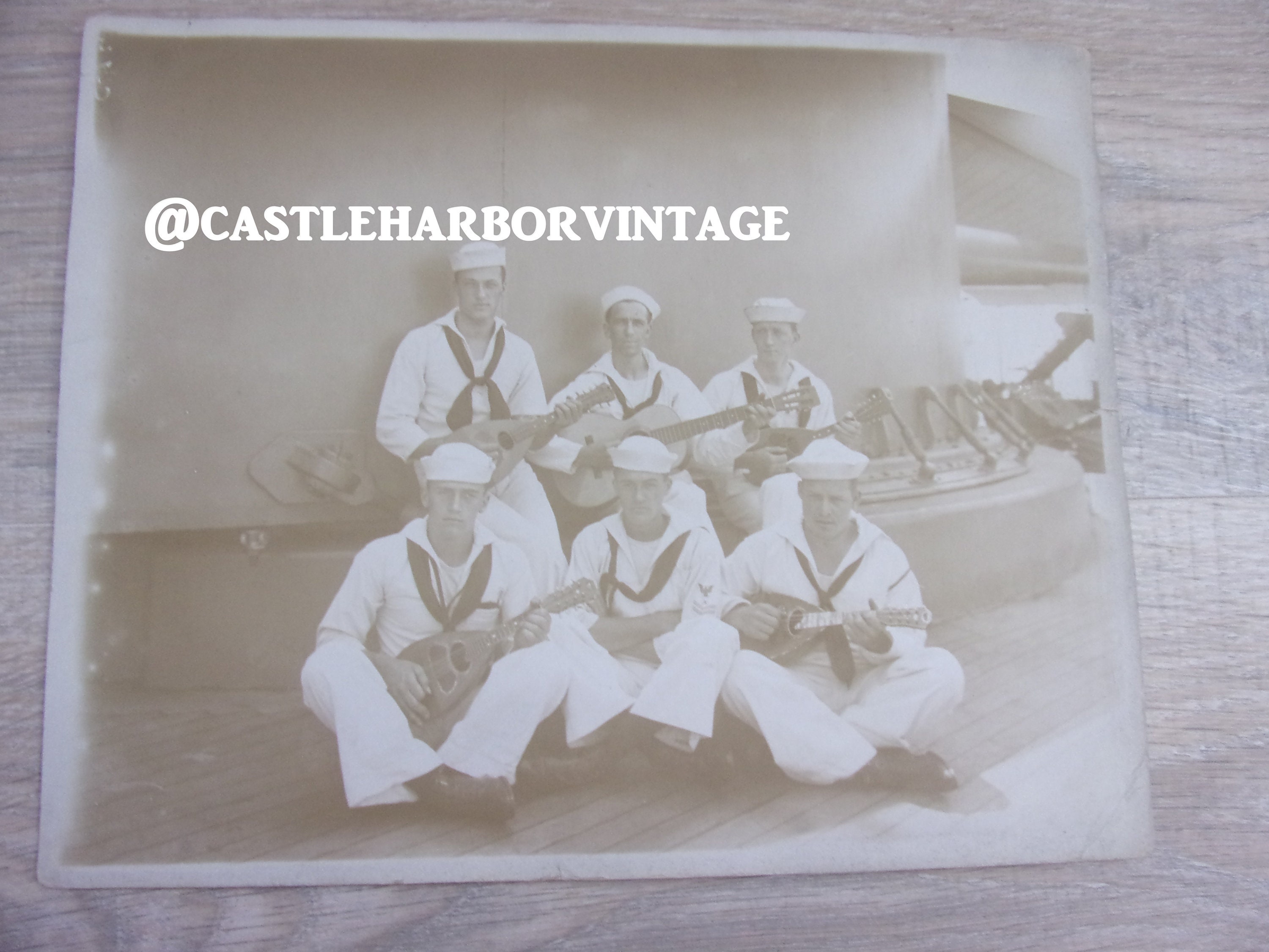 USS Maine Enlisted Sailors Playing Guitar Banjo on Deck Original ...