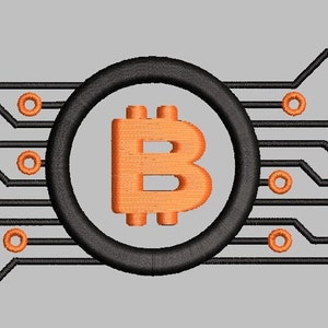 May include: A black circle with an orange Bitcoin symbol inside, surrounded by a circuit board design with orange circles.
