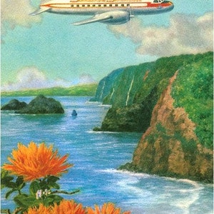 Avion de ligne au-dessus d'Hawaï - carte postale, image réimprimée vintage