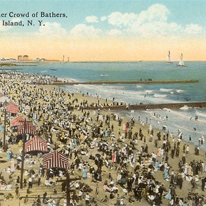 Scène de plage, Coney Island, New York City - carte postale vintage réimprimée