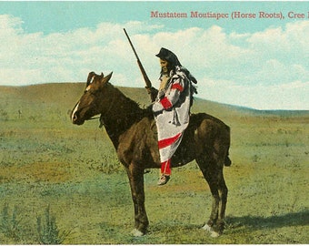 Mustatem Moutiapec on Horseback, Cree Indian - Vintage Image, Postcard