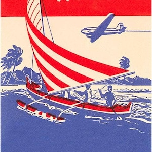 Hawaï par avion, Outrigger - image réimprimée d'époque, carte postale