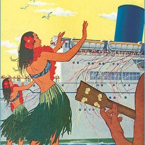 Aloha do Havaí, meninas havaianas cumprimentando o navio de cruzeiro - imagem reimpressa vintage, cartão postal
