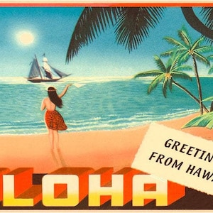 Aloha, Saudações do Havaí, Hula Girl on Beach - Imagem reimpressa vintage, cartão postal