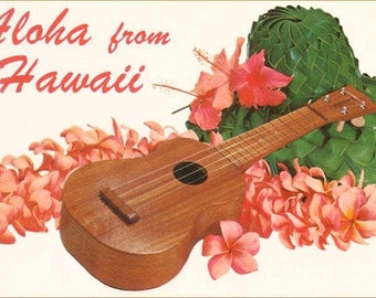 Aloha from Hawaii, Ukulele - Vintage reprinted Image, Postcard