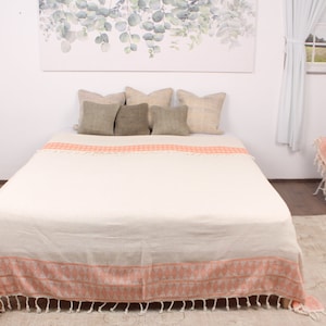 Sofa Blanket, Bedcover, Orange Blanket, Kilim Design Blanket, 87x99 Inches Linen Blanket, Wedding Gift Blanket, Turkish Blanket,