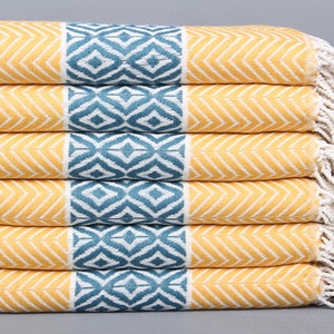 Personalized Turkish Towel, Wholesale Towels, Mustard-Petrol Towel, Chevron Peshtemal, 40x71 Inches Turkish Towel for Gift,