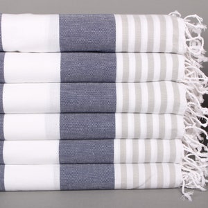 Gepersonaliseerde handdoek, gestreepte theedoek, keukenhanddoek, handdoek met monogram, 24 x 40 inch marineblauw-grijze katoenen handdoek,