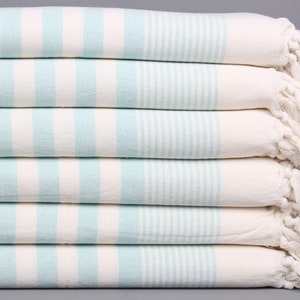 Personalized Turkish Hand Towel: Embroidered Organic Cotton, Water Green Striped Terry (18x36 Inches)